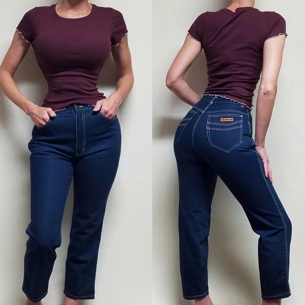 Vintage 70s Gitano Dark Wash Contrast Stitching High Rise Cropped Mom Jeans 12